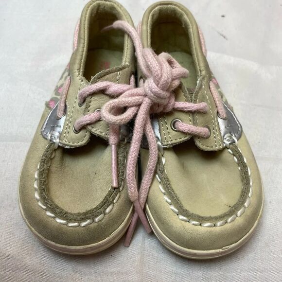 Sperry Top Sider Intrepid Crib Lace Up Leather Shoes Baby & Walker 4 Tan/Pink - Picture 4 of 7
